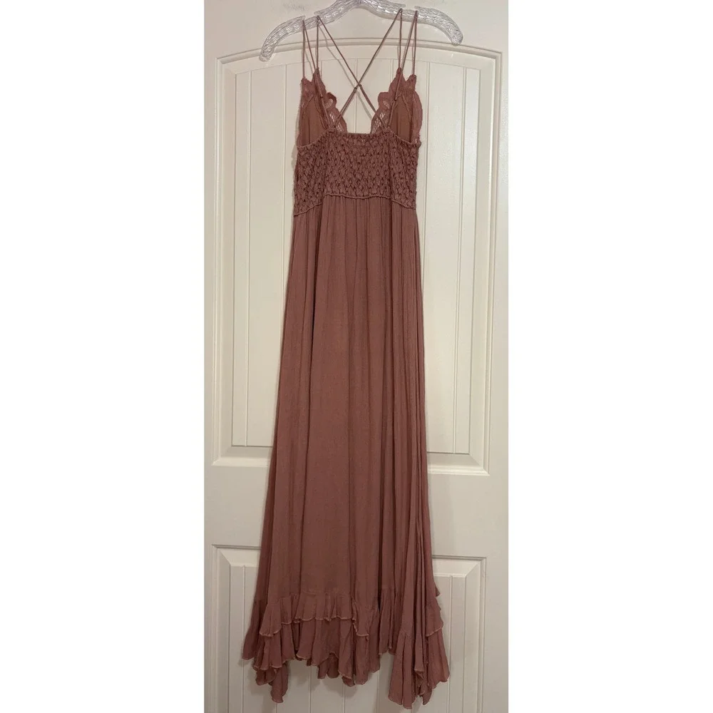 Free People Adella Maxi Dress Mauve Pink Boho Lace Crochet Ruffle Sm Coachella